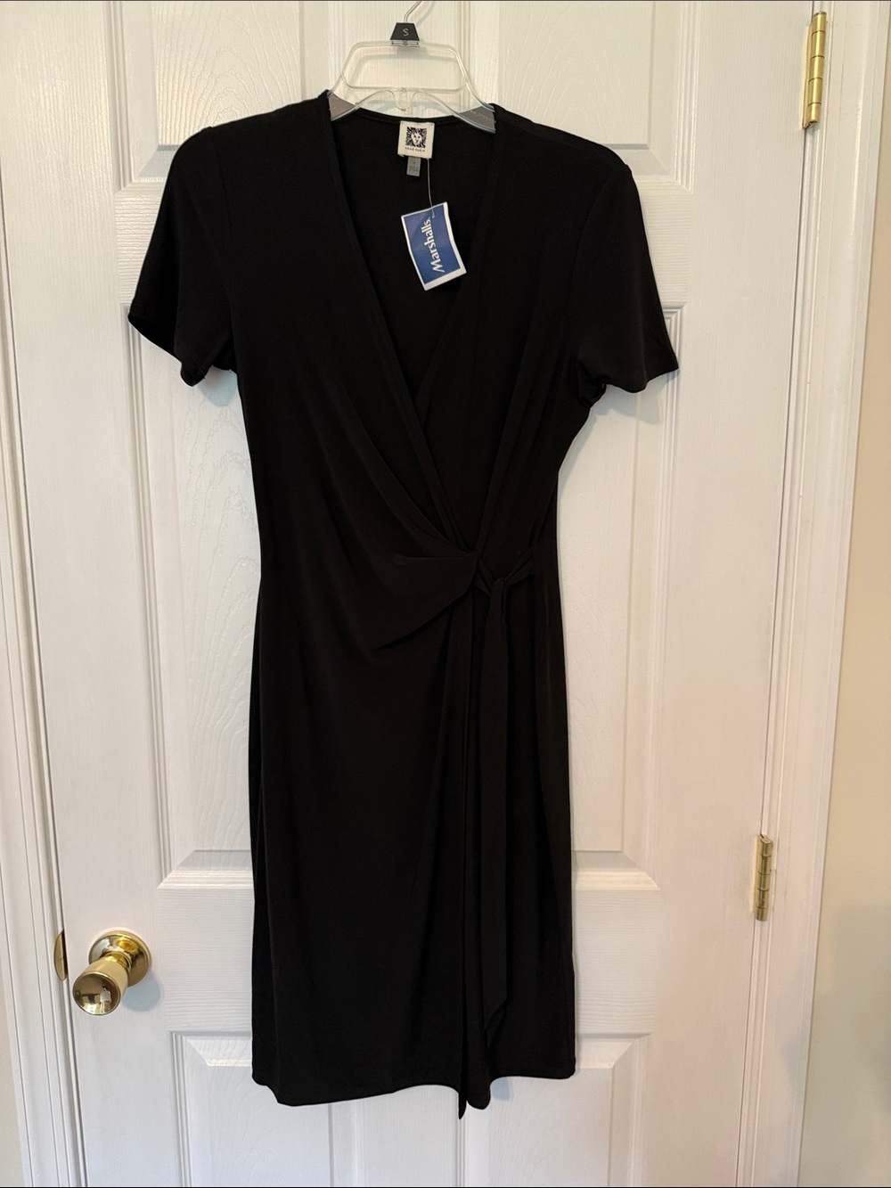 Anne Klein Black Faux-Wrap Midi Dress with Side Tie